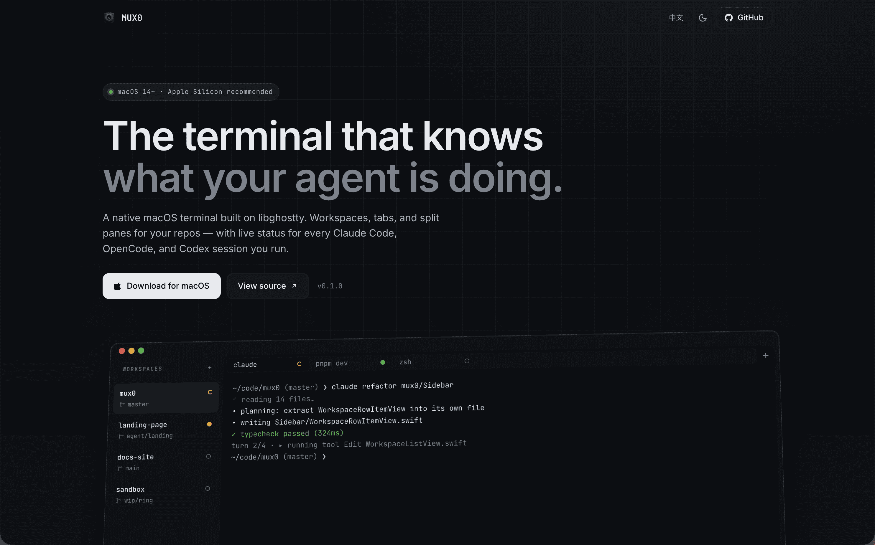 Mux0 — a terminal that knows your agent screenshot 1