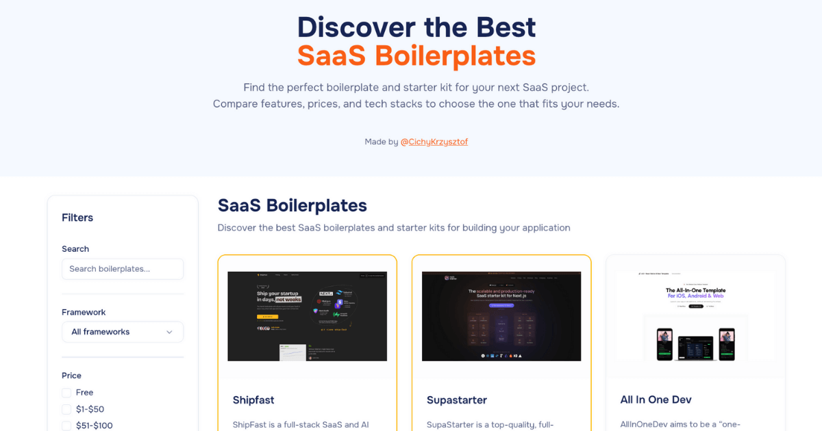 Best SaaS Boilerplates & Starter Kits | BestBoilerplates screenshot 1